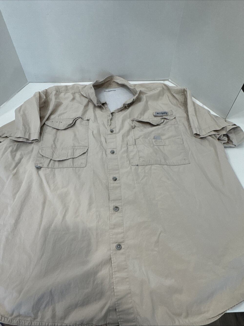 Mens Columbia PFG Button Up Shirt 3XL Beige Tan Mesh Fishing Vent Boat Outdoors